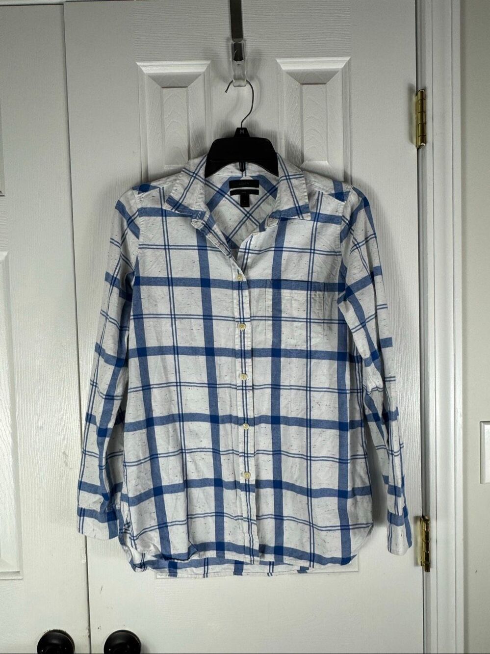 J crew Womens Boy Fit Button Front Blue White Plaid Long Sleeve Shirt Size 4